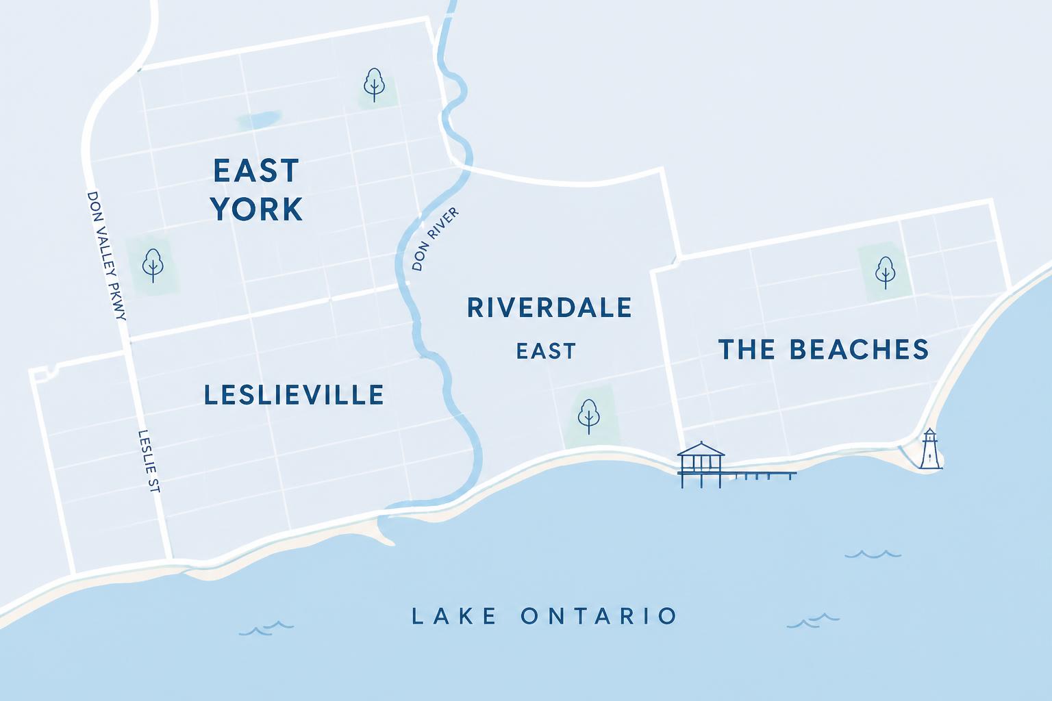 Map of east-end Toronto service area: The Beaches, Leslieville, Riverdale, East York